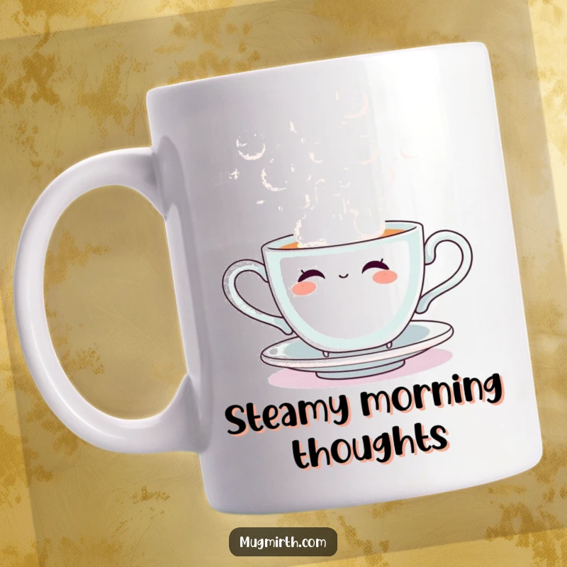 Funny mug of a cute sentient teacup joyfully blowing large steamy bubbles, a delightful and whimsical kitchen accessory.