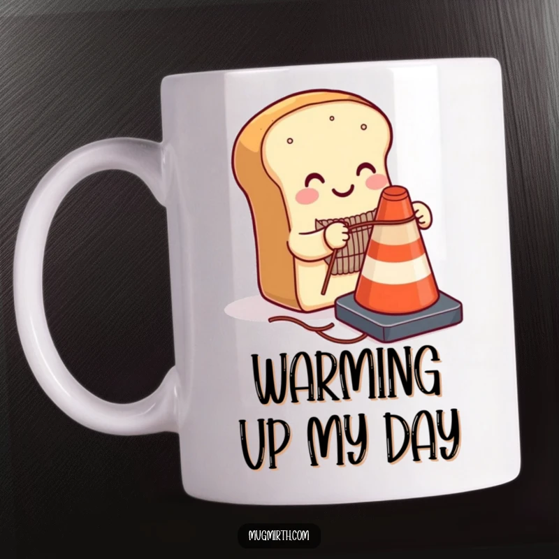 Funny smiling loaf of bread humorously knitting a sweater for a traffic cone on a mug, perfect for quirky gift seekers.