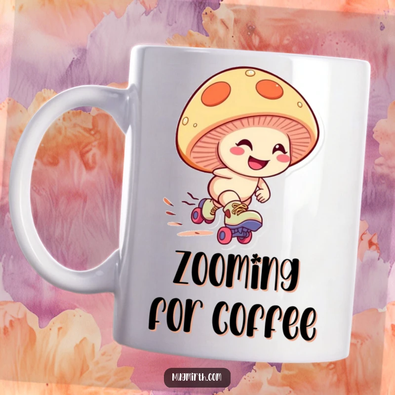 Funny mushroom mug showing a giggling fungus wearing roller skates, zooming downhill with a determined grin, a humorous and energetic design.