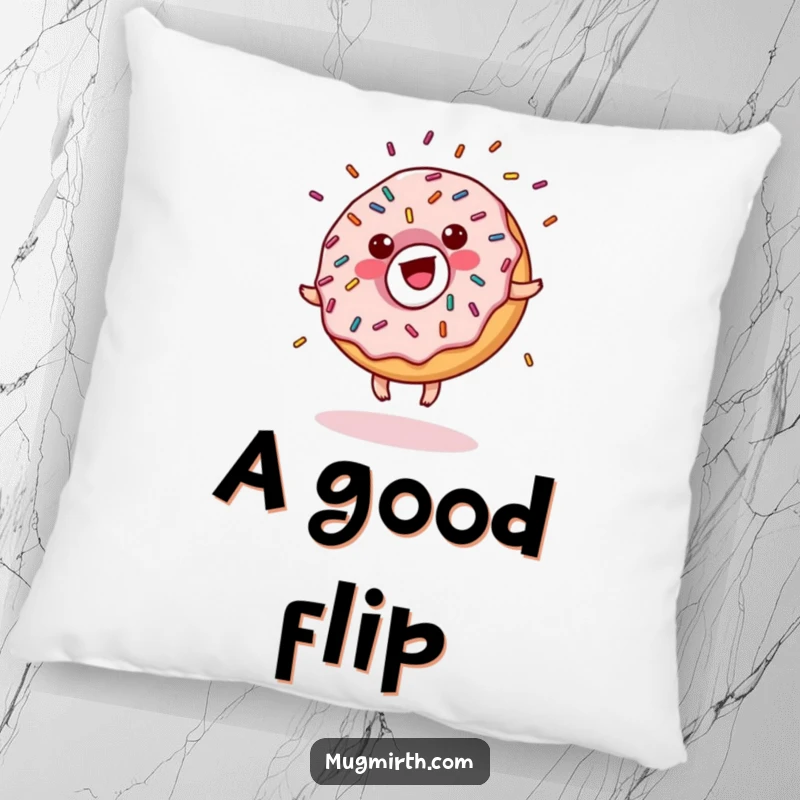 Funny donut pillow with sprinkles doing a cartwheel, glaze flying, a soft and humorous home decor item.