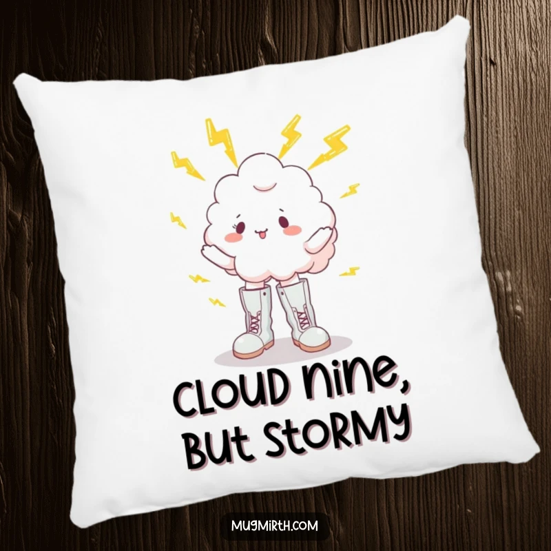 Funny pillow featuring a cartoon cloud in oversized boots, comically juggling bright yellow lightning bolts, adding a humorous touch to decor.