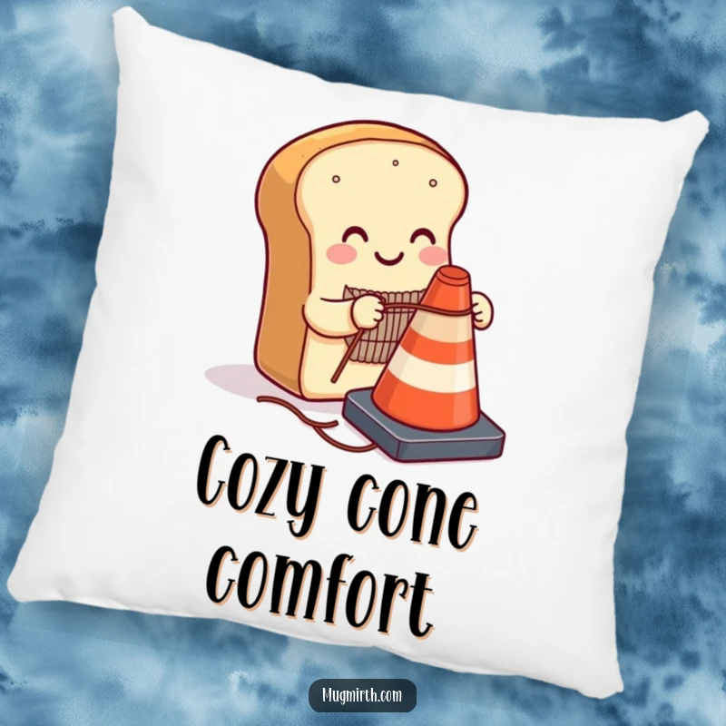 Funny smiling loaf of bread knitting a sweater for a traffic cone on a soft pillow, perfect for adding quirky humor and comfort.
