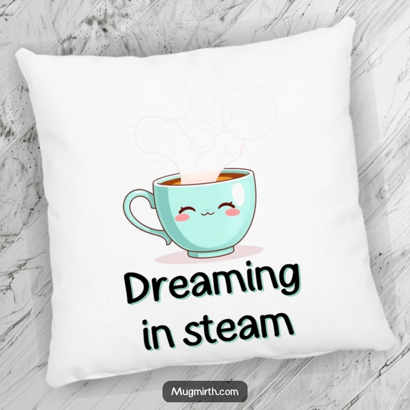 Funny teacup pillow, a sentient cup blowing steam bubbles, soft, whimsical, and decorative.