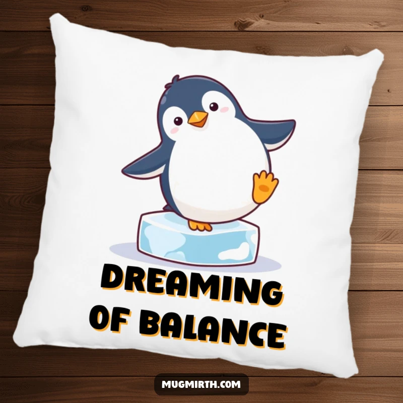 Funny, very round penguin attempting a handstand on a small ice cube, providing humorous and cozy comfort.