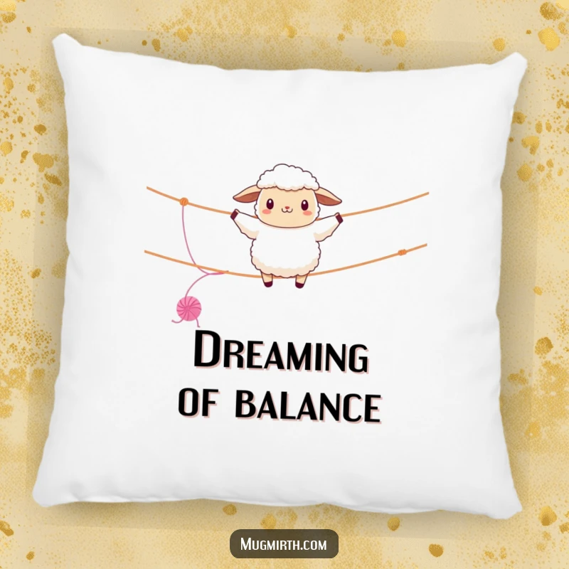 Funny sheep pillow, fluffy, balancing on a clothesline, unraveling yarn, a soft and humorous decorative accent.