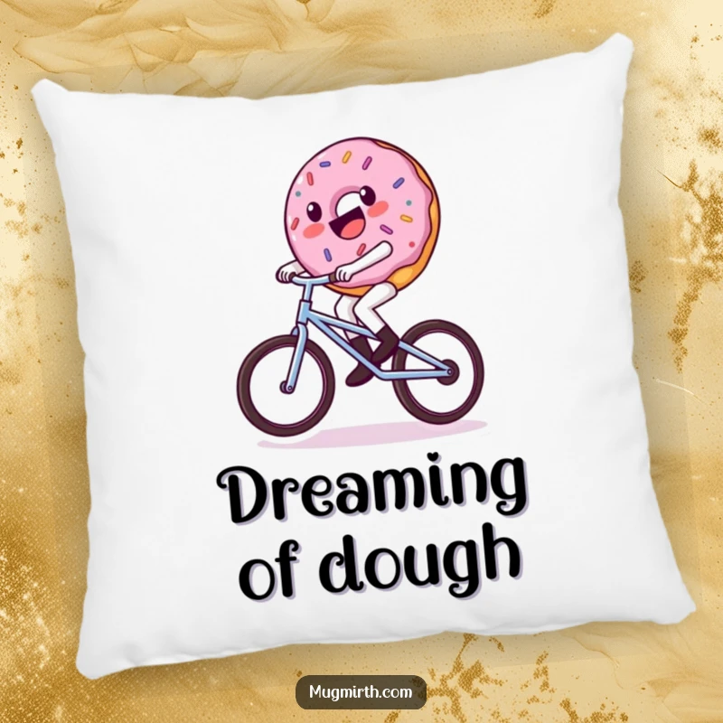 Funny donut pillow, a donut character wobbling on a tiny unicycle, providing comfort and a sweet, humorous accent.