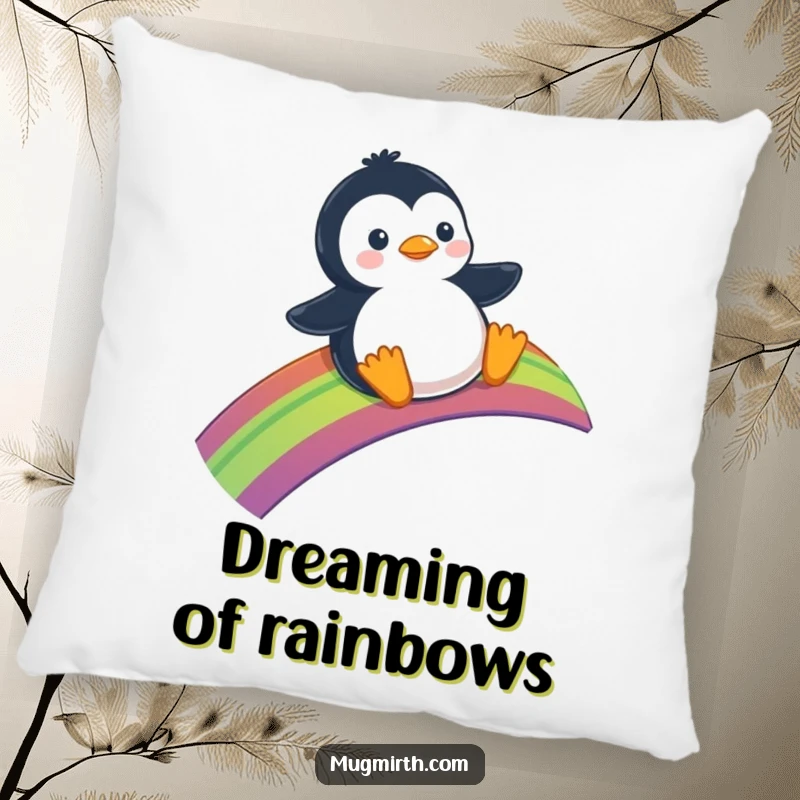 Funny Pillow: A soft cushion featuring a penguin happily sliding down a bright rainbow.