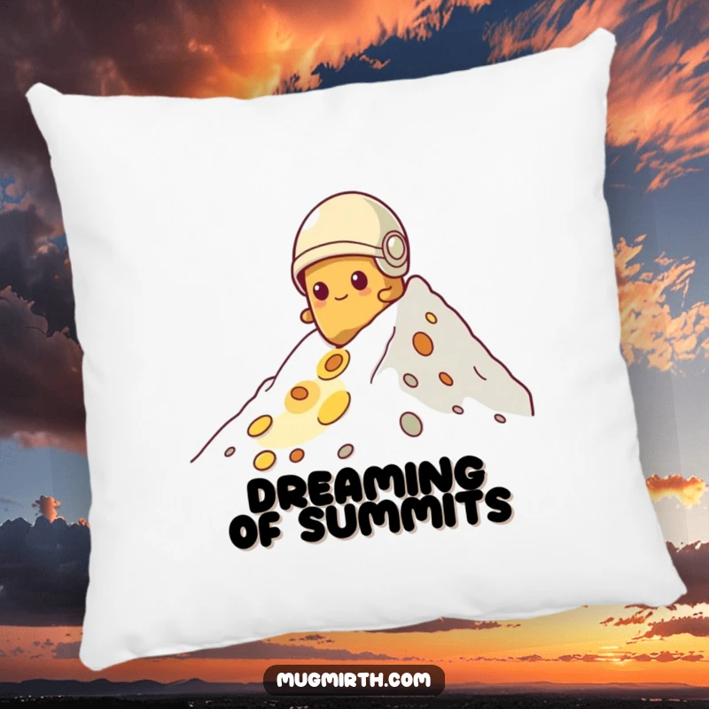 Funny potato pillow, tiny helmet, determined expression, climbing a mountain of cheese, a soft and humorous decorative accent.