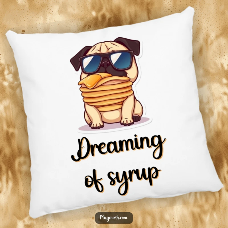 Funny pillow illustration of a pug in oversized sunglasses balancing a stack of pancakes on its nose, offering plush comfort and humor.