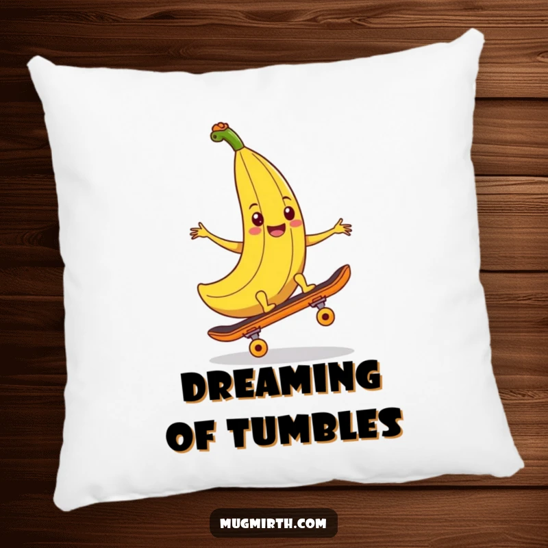 Funny banana peel pillow, a smiling banana peel attempting to trip a skateboard, providing comfort and a humorous accent.