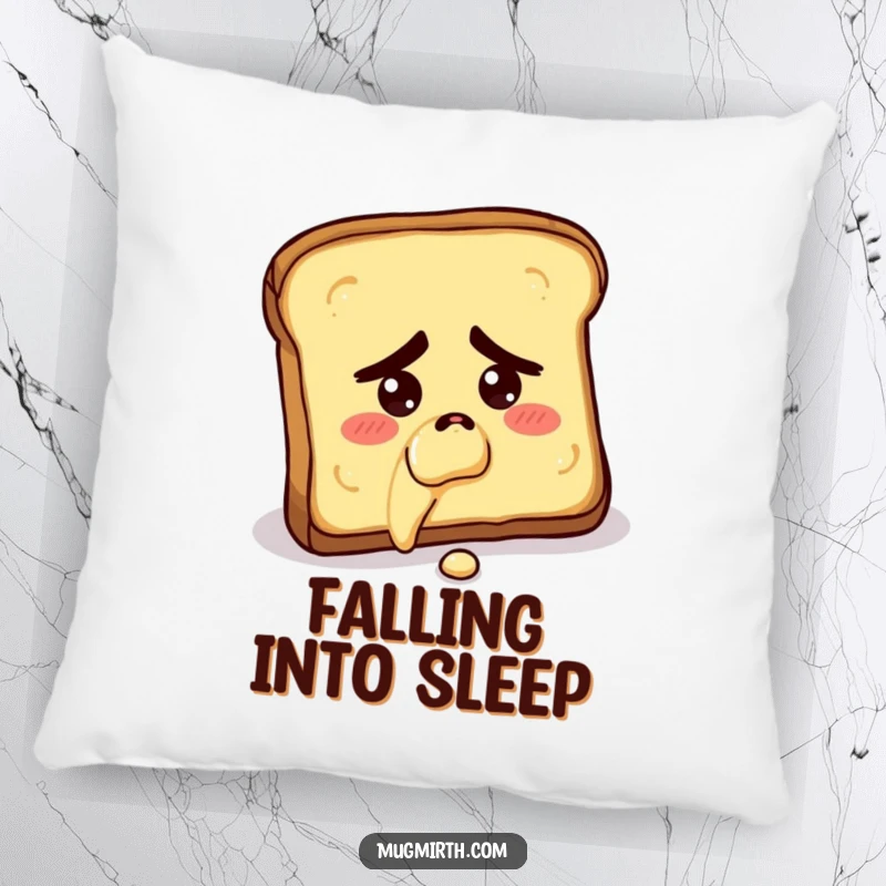 Funny pillow featuring a concerned slice of toast falling butter-side down, offering comfort and breakfast-themed humor.