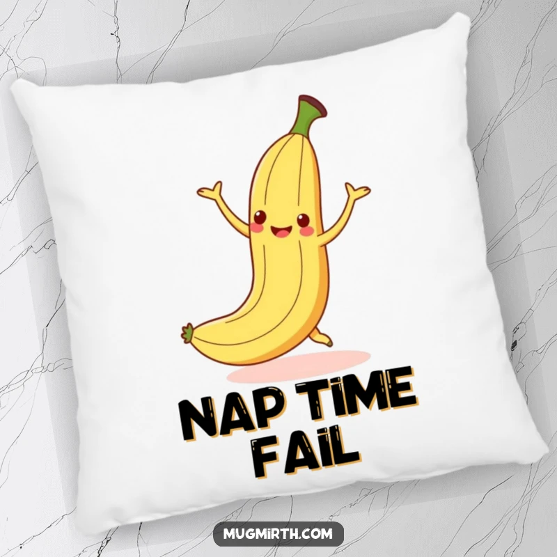 Funny dancing banana slipping on a peel but smiling, a soft and humorous pillow.