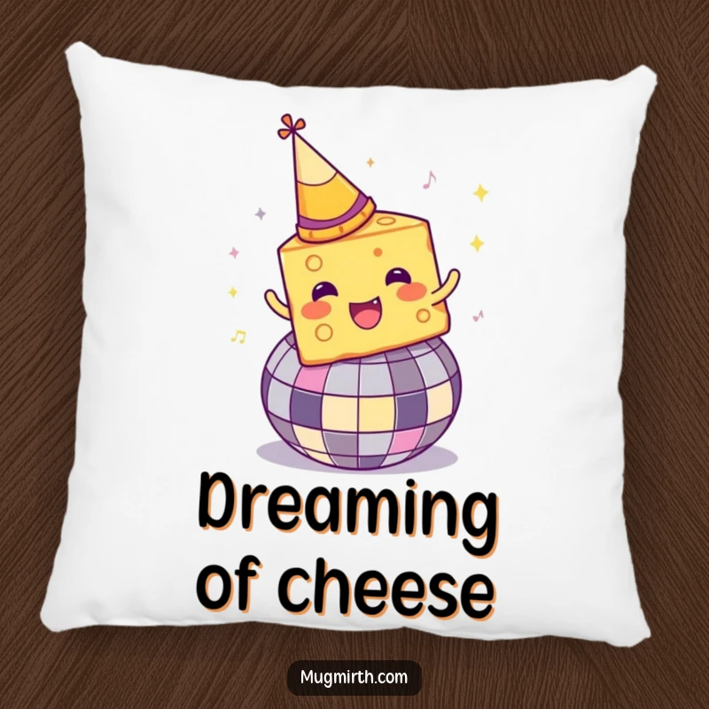 Funny Disco Cheese Pillow: A party-hatted cheese slice spins on a disco ball, adding comfy cheer.