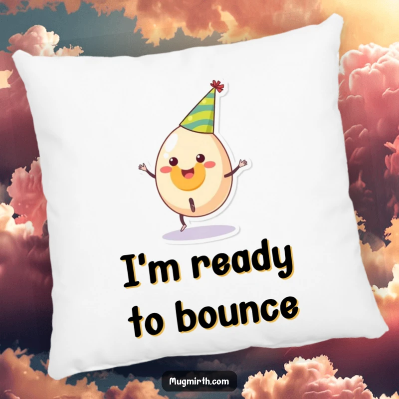 Funny pillow featuring a smiling egg in a party hat attempting a cartwheel, a soft and humorous decorative gift.