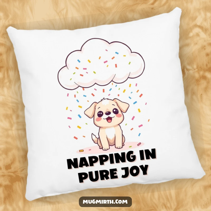 Funny happy cloud showering tiny dog with confetti, on a soft pillow, adding a humorous touch, a funny gift.
