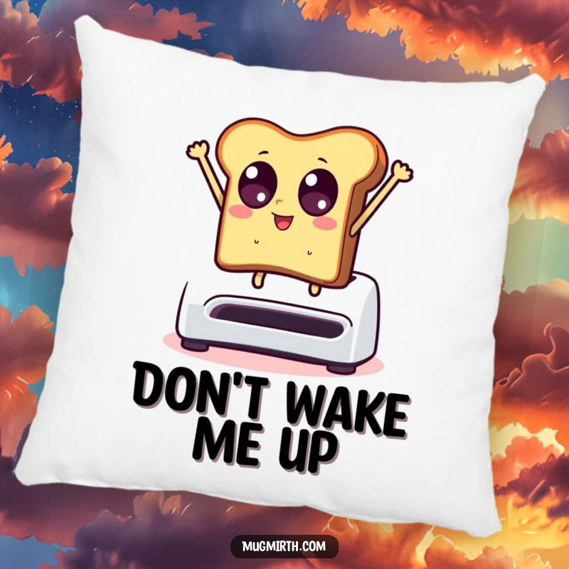 Funny pillow design: toast with wide eyes jumps from a toaster, offering humorous comfort and a pop of fun.