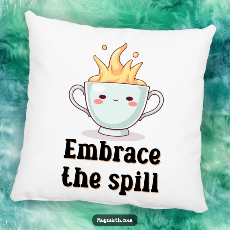 Funny Pillow: A decorative cushion featuring a teacup with a smug grin, humorously overflowing.