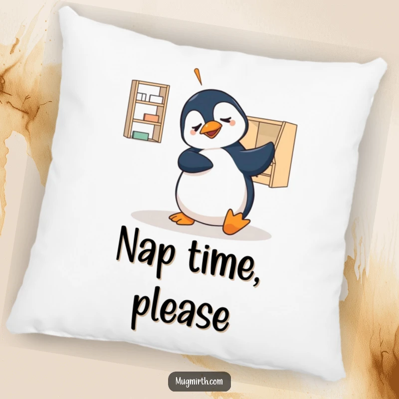 Funny pillow with a bewildered penguin looking lost amidst flat-pack furniture pieces, a cozy and humorous home decor gift.