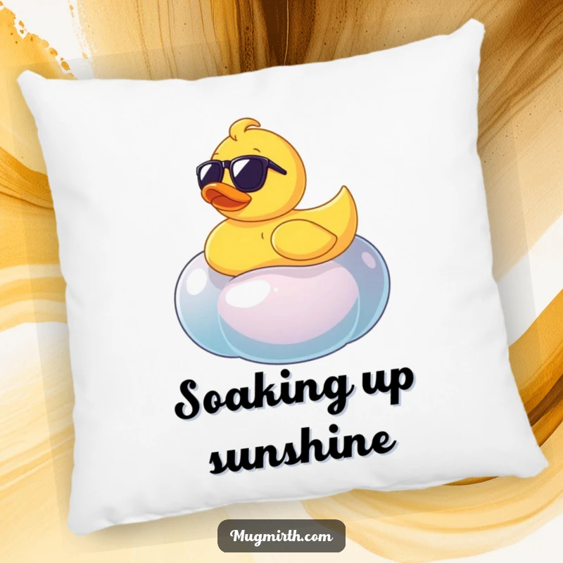 Funny rubber ducky in sunglasses on a wobbly jellybean, a soft and humorous pillow for relaxation.