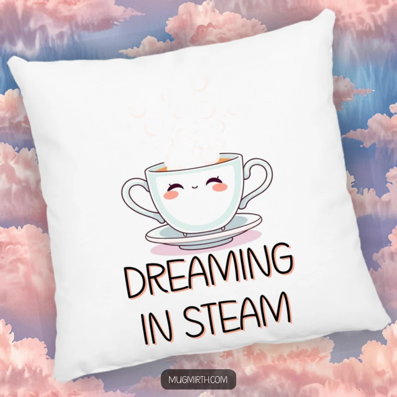 Funny pillow showing a happy sentient teacup blowing large, airy steam bubbles, a cute and humorous decorative accent.