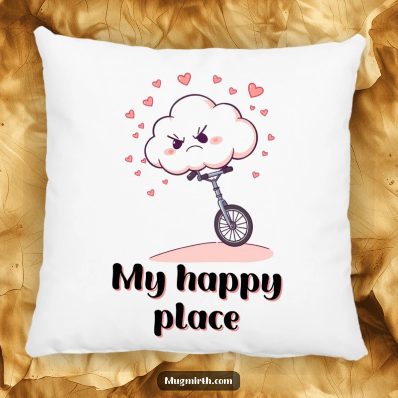 Funny Pillow: A grumpy cloud humorously riding a unicycle downhill, raining tiny hearts.