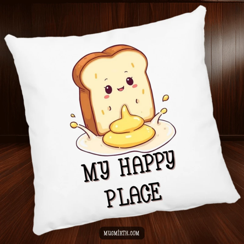 Funny pillow with a design of toast splashing into butter, offering comfort and comedic relief for your home.