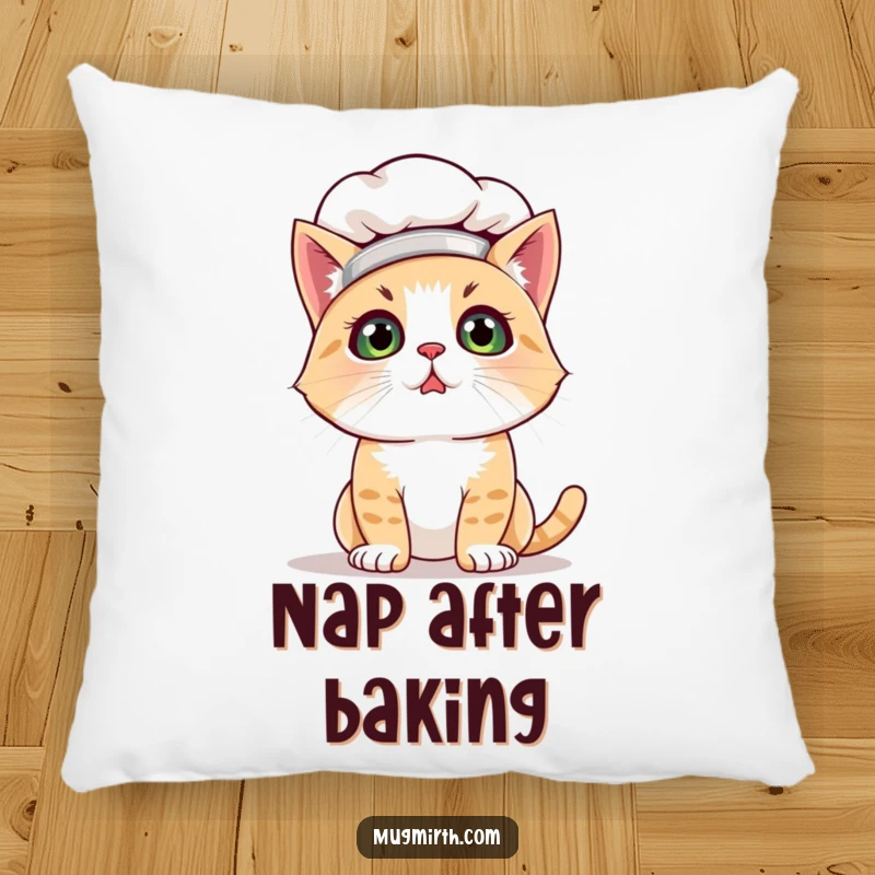 Funny cat chef pillow featuring a bewildered cat in a chef hat, covered in flour, looking utterly confused. Soft and humorous decor.