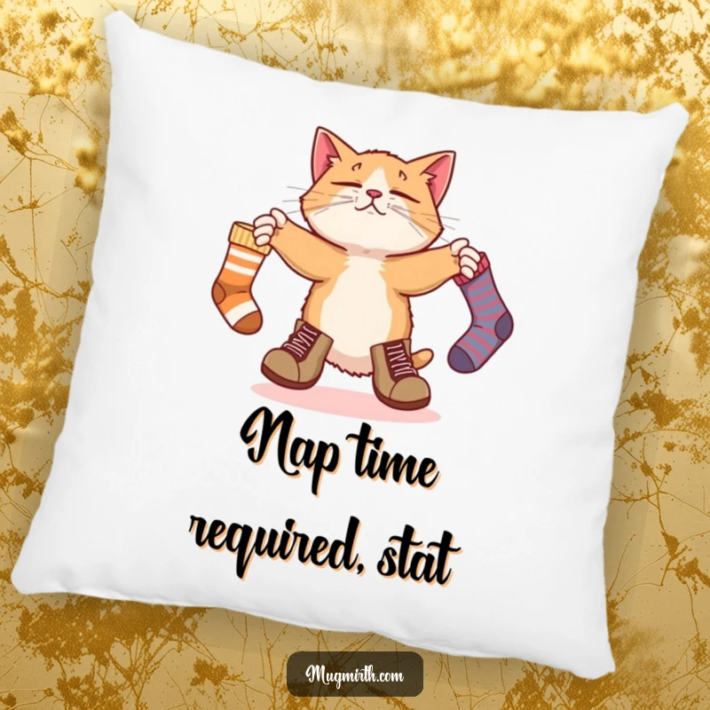 Funny pillow design: a bewildered cat wearing boots attempts to juggle mismatched socks, offering humorous comfort.