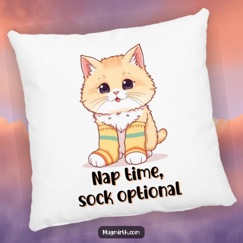 Funny pillow featuring a fluffy cat hilariously trying to wear mismatched socks, offering cozy comfort and comical charm.