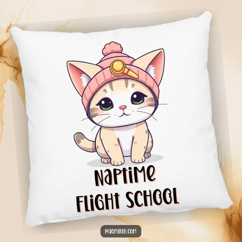 Funny Flying Cat Pillow: A plush pillow showing a cat in a propeller beanie, comically flapping its massive ears in a flight attempt.