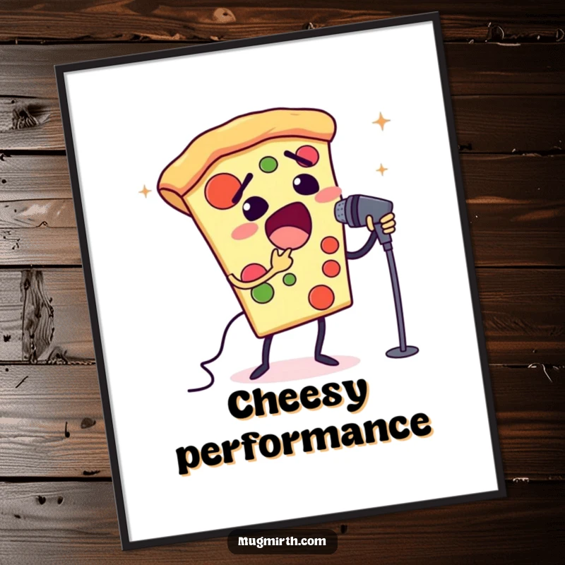 Funny opera pizza digital art print of a slice of pizza singing opera into a microphone. Instant dramatic decor.