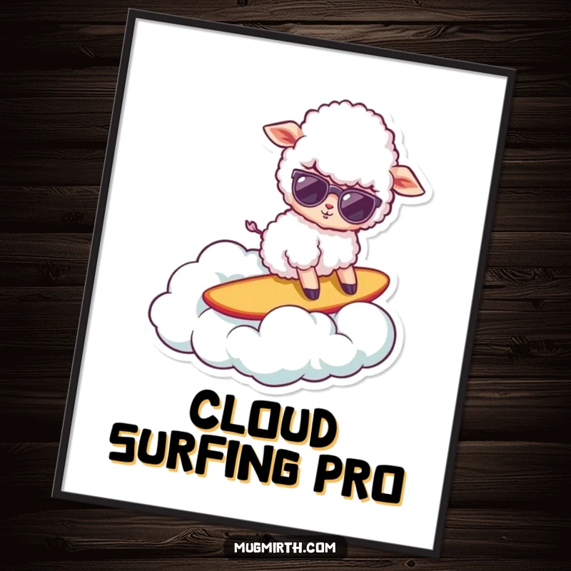 Funny sheep digital art print of a sheep in sunglasses surfing on a cloud, offering instant cool humor.