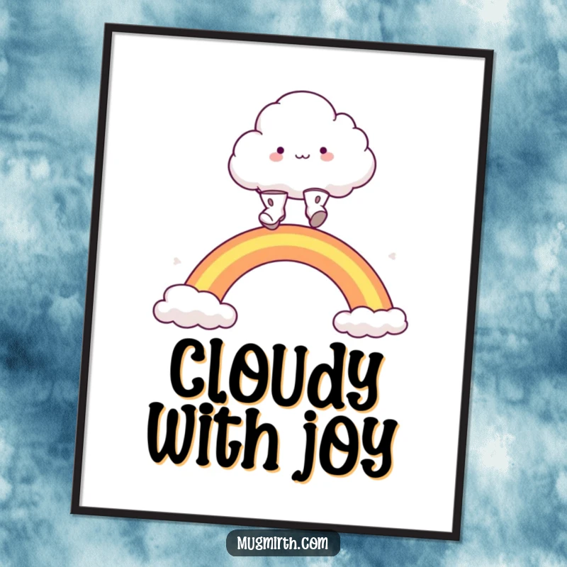 Funny fluffy cloud character in little boots, leaping over a rainbow, available for instant download. A whimsical and funny digital print.