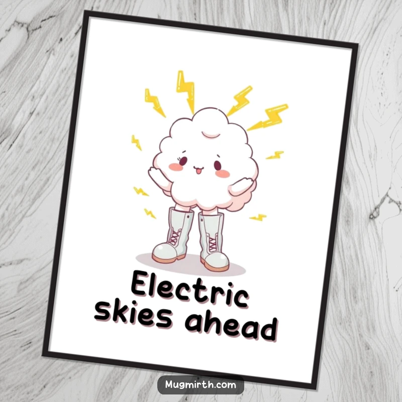 Funny digital art of a cloud in boots, comically juggling bright lightning bolts, a whimsical and humorous wall decor piece.
