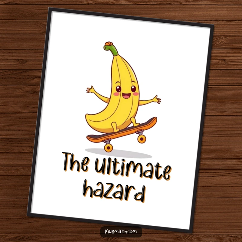 Funny banana peel digital art print, a smiling banana peel positioned to trip a skateboard, adding classic slapstick humor to digital art.