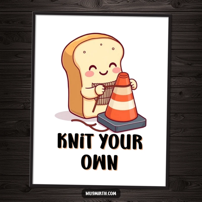 Funny smiling loaf of bread humorously knitting a sweater for a traffic cone, instant digital art for quirky and humorous decor.