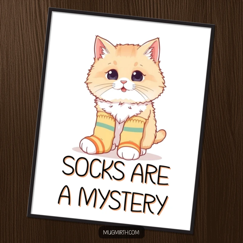 Funny digital art print of a fluffy cat hilariously attempting to wear oversized, mismatched socks, creating a comical and endearing visual experience.