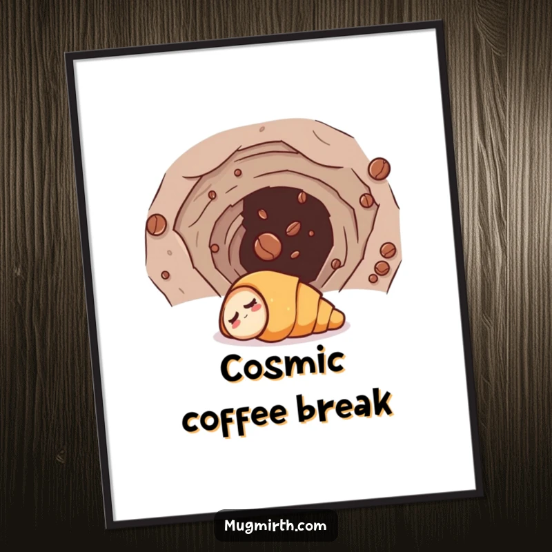 Funny digital art of a sleepy croissant comically pulled into a wormhole by a coffee bean, a whimsical and humorous cosmic piece.