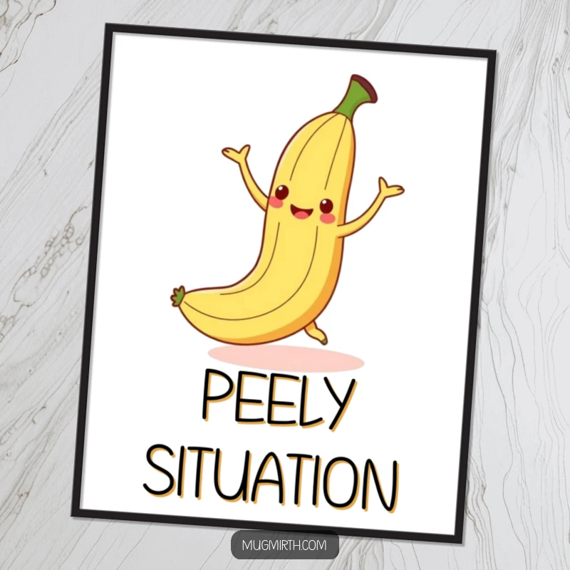 Funny dancing banana slipping on a peel but smiling, humorous digital art for instant download.