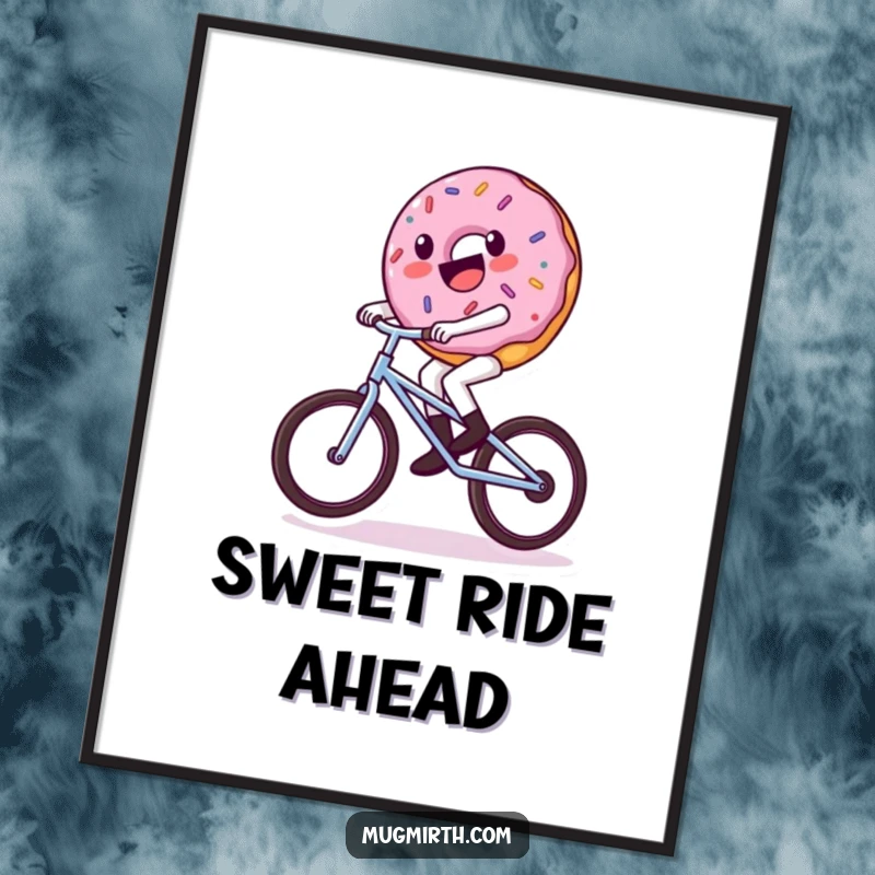 Funny donut digital art print, a donut character wobbling on a tiny unicycle, adding sweet and humorous charm to digital art.
