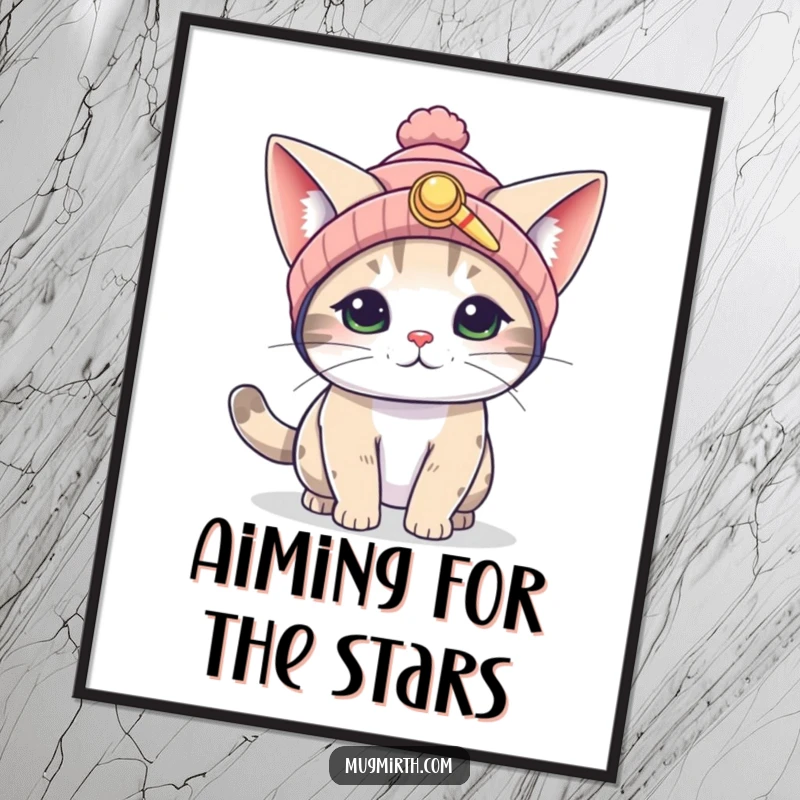 Funny Flying Cat Digital Art: A printable artwork of a whimsical cat wearing a propeller beanie, flapping large ears, trying to achieve liftoff.