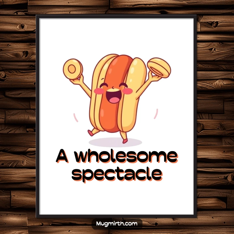 Funny Happy Hot Dog Digital Art: Printable art featuring a joyful hot dog skillfully juggling its bun with a beaming, cheerful expression.