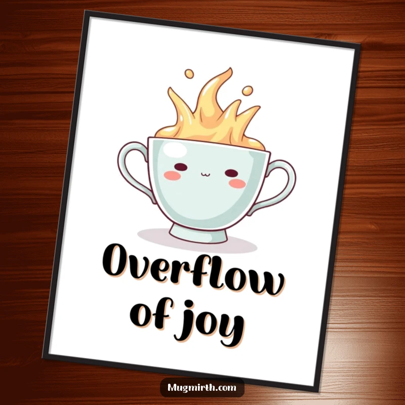 Funny Digital Art: An illustration of a teacup with a smug grin, humorously overflowing.