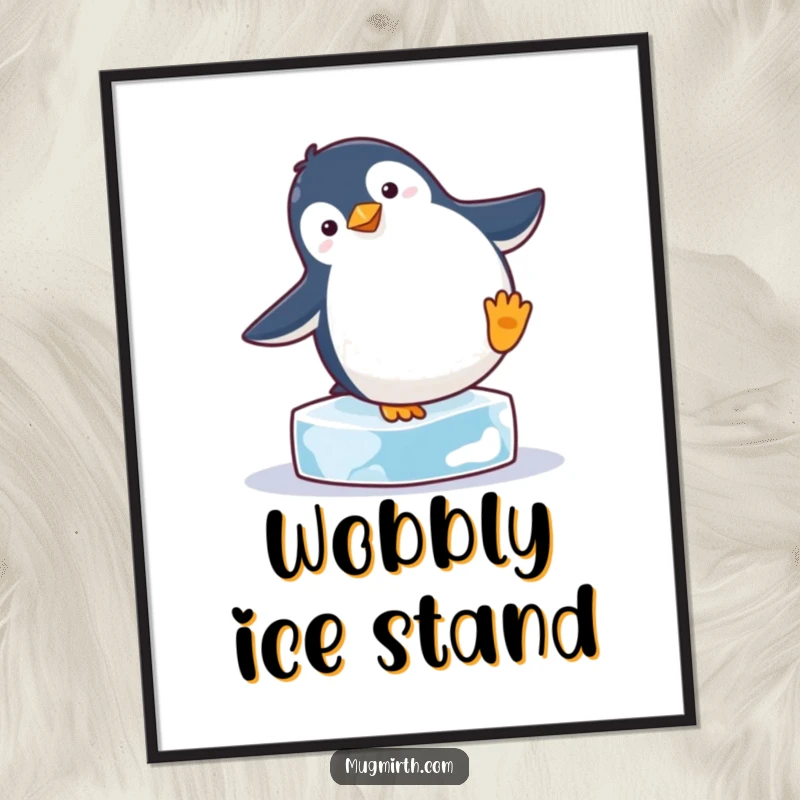 Funny, round penguin attempting a handstand on a single ice cube, creating humorous digital art for instant, comical wall decor.