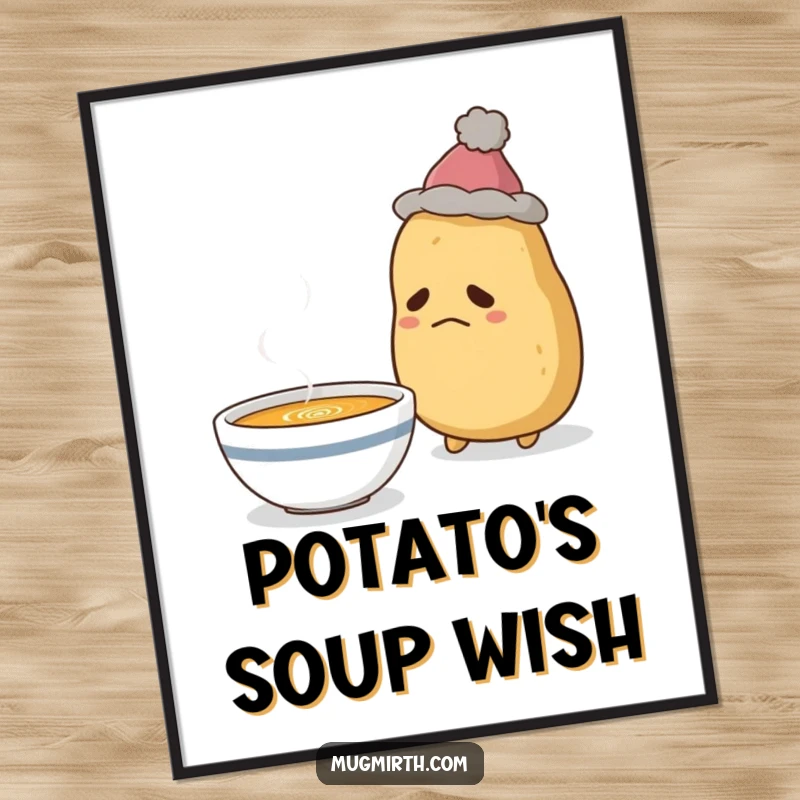 Funny Sad Potato Digital Art: Whimsical print of a sad potato in a hat, wistfully dreaming of a steaming bowl of soup.