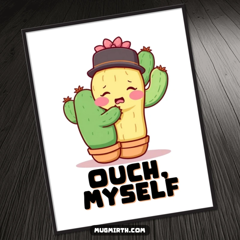 Funny shy cactus recoiling from a hug, humorous digital art for instant download.