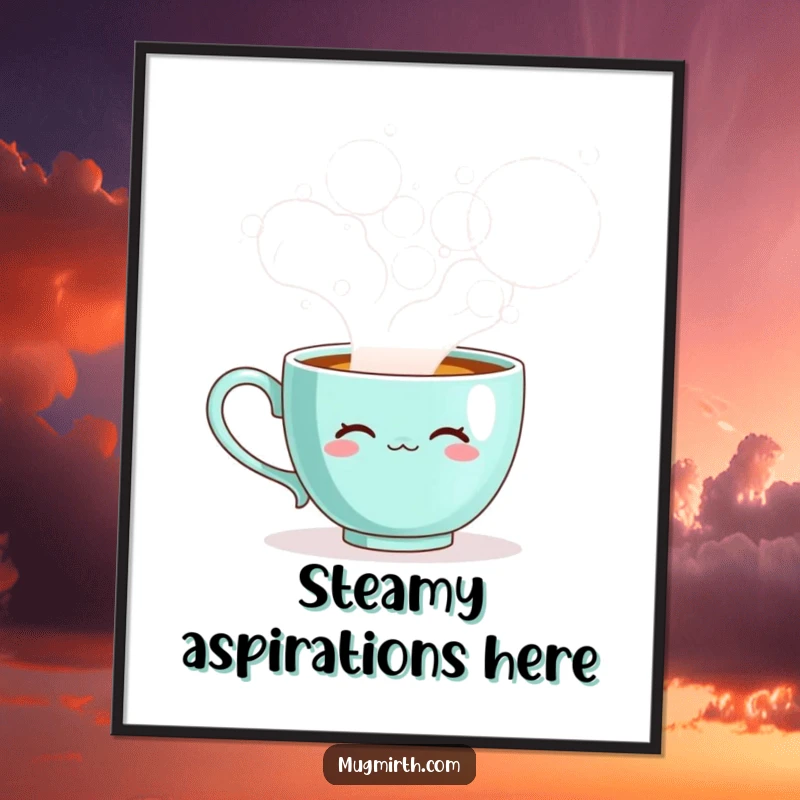 Funny teacup digital art print of a sentient cup blowing massive steam bubbles, offering instant whimsy.