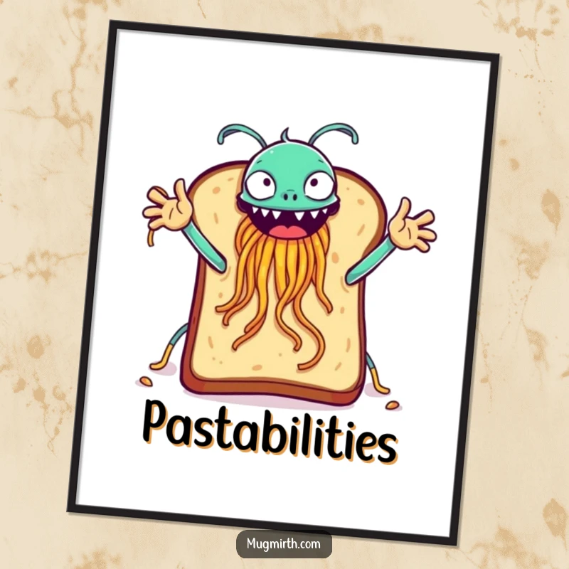 Funny toast high-fiving a Flying Spaghetti Monster, absurd digital art for instant download.