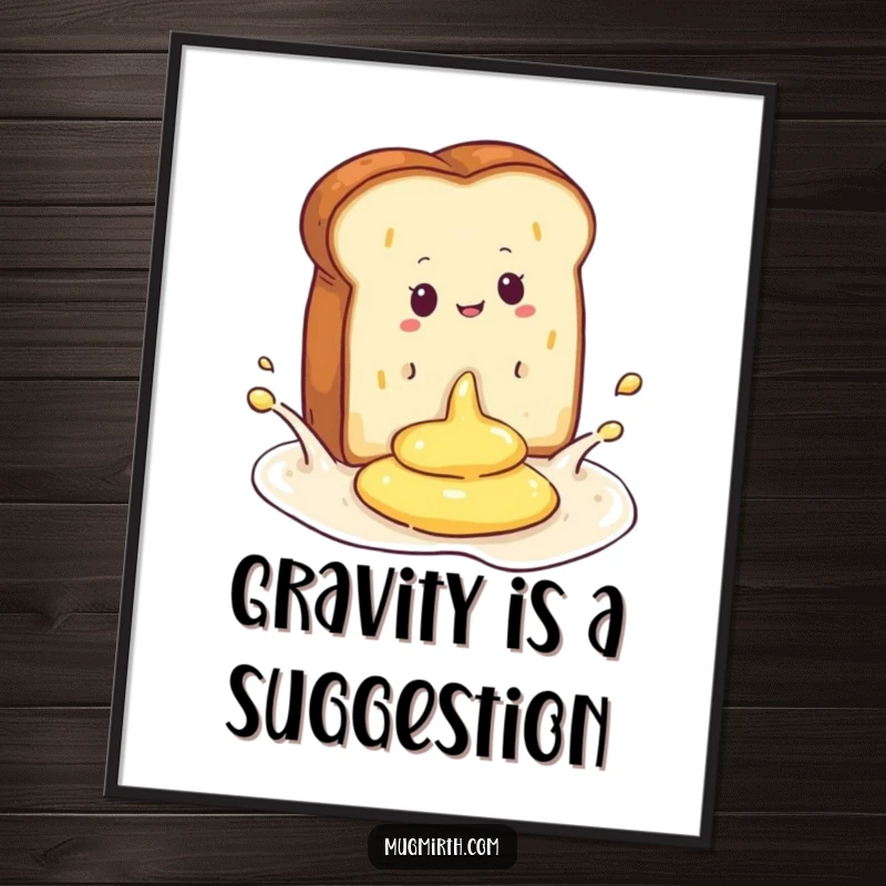 Funny digital art print of toast splashing into butter, a comical and easily shareable piece of humorous art.