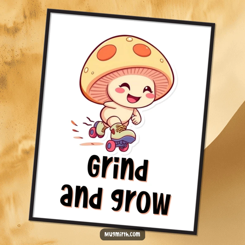 Funny mushroom digital art print of a giggling fungus wearing roller skates, zooming downhill with a determined grin, offering instant dynamic decor.